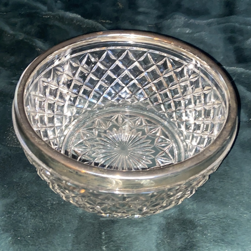 Crystal heavy glass large bowl with silver rim Vintage Mid Century Modern